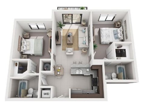 A 3D floor plan of a small apartment with two bedrooms, a living room, and a kitchen.